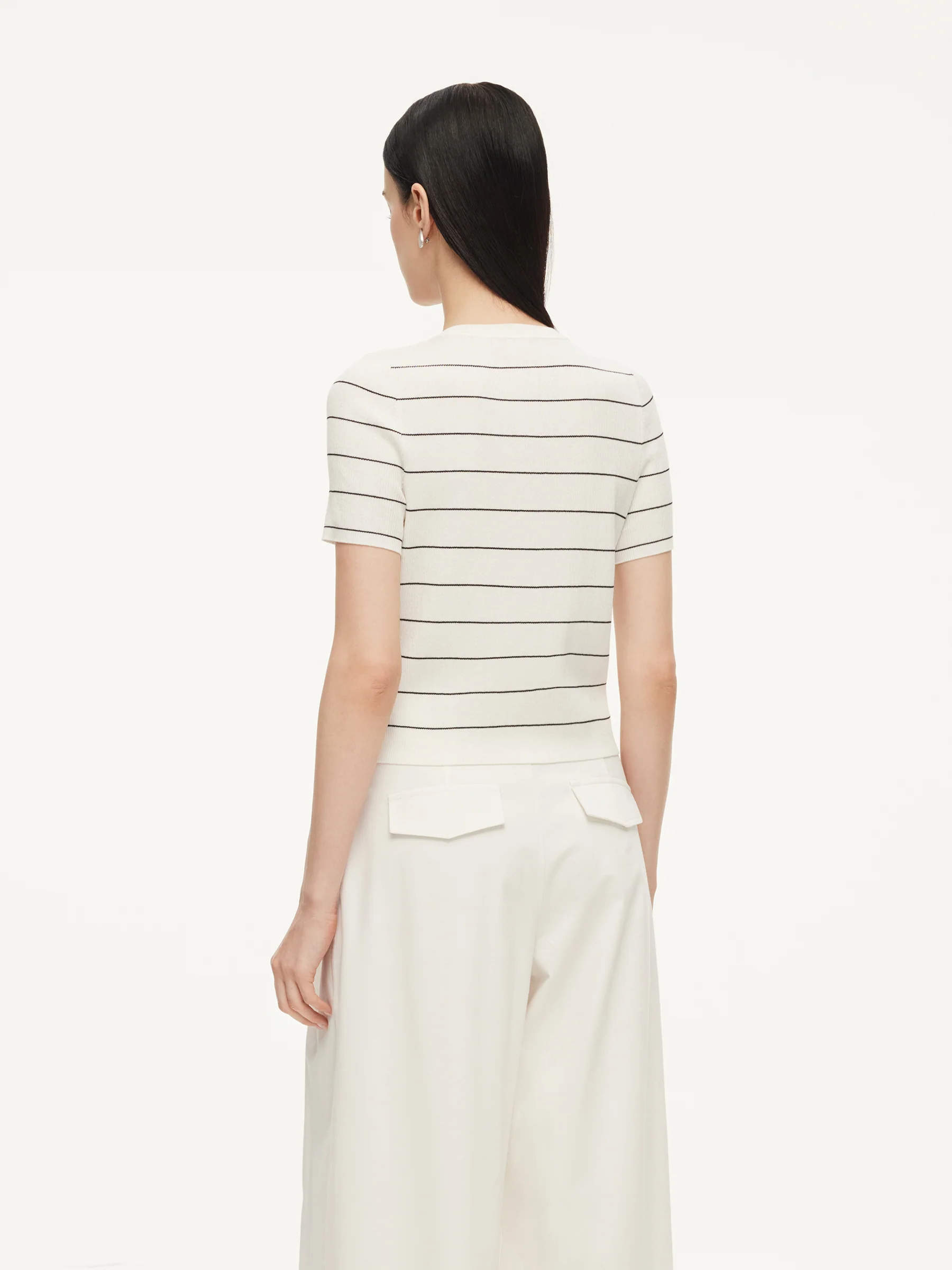 Lyocell Blend Stripe Round Neck Women Cardigan - Image 3