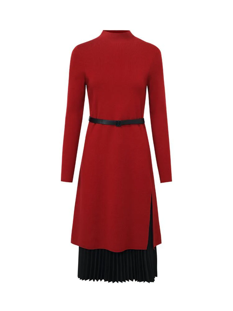 Mock Neck Long Sweater And Wool Pleated Skirt Two-Piece Set - Image 10
