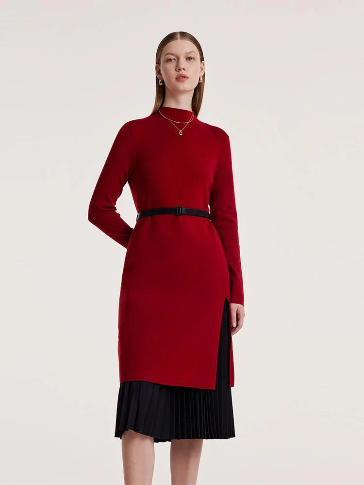 Mock Neck Long Sweater And Wool Pleated Skirt Two-Piece Set - Image 4