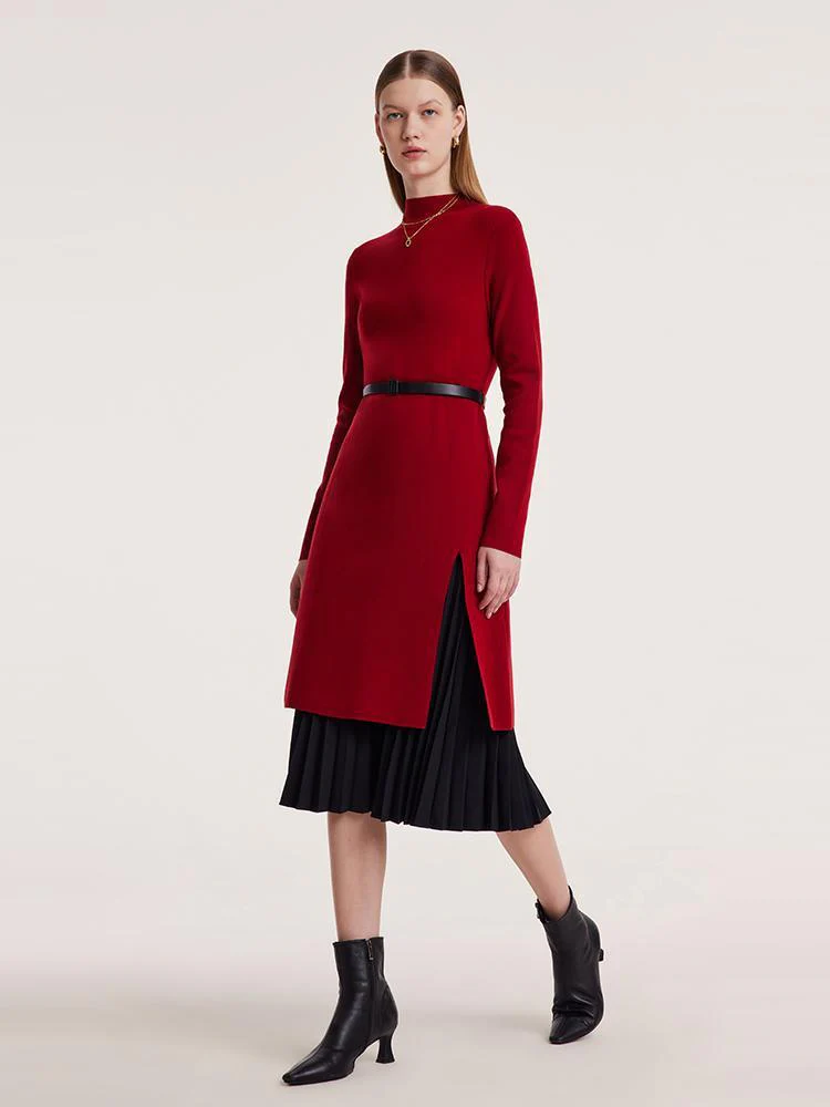Mock Neck Long Sweater And Wool Pleated Skirt Two-Piece Set - Image 5