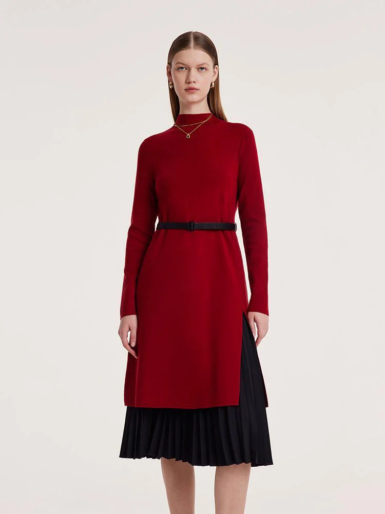 Mock Neck Long Sweater And Wool Pleated Skirt Two-Piece Set - Image 6