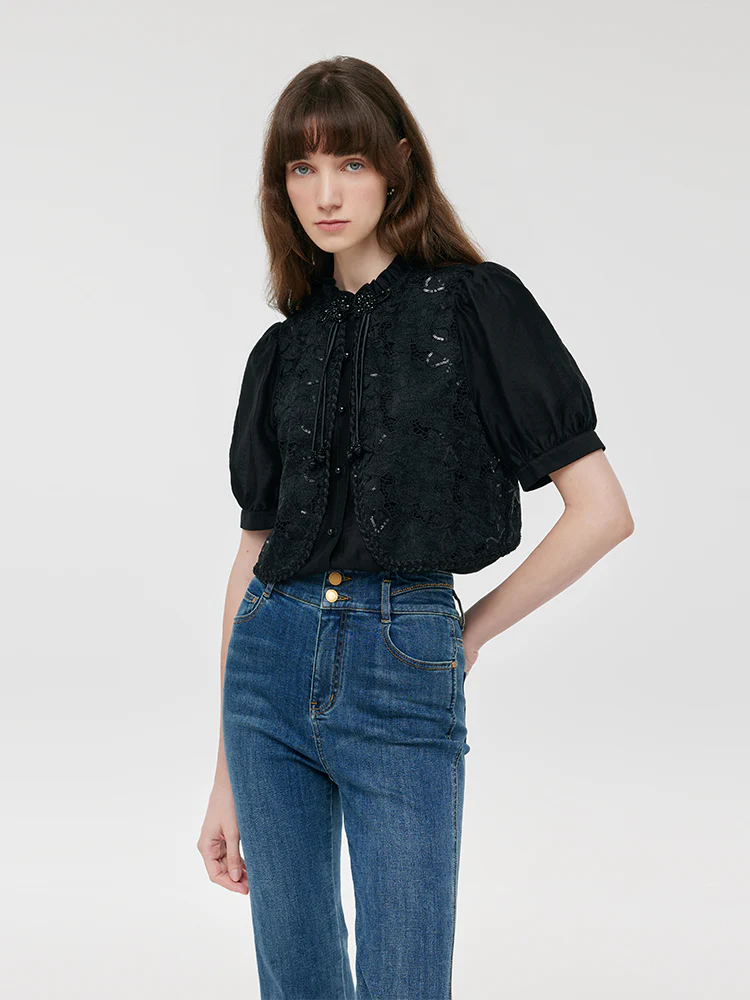 New Chinese-Style Lace Sequins Patchwork Women Blouse - Image 3