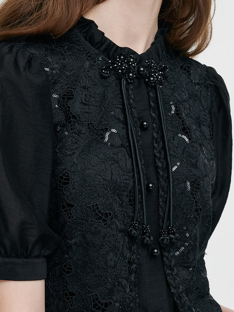 New Chinese-Style Lace Sequins Patchwork Women Blouse - Image 5