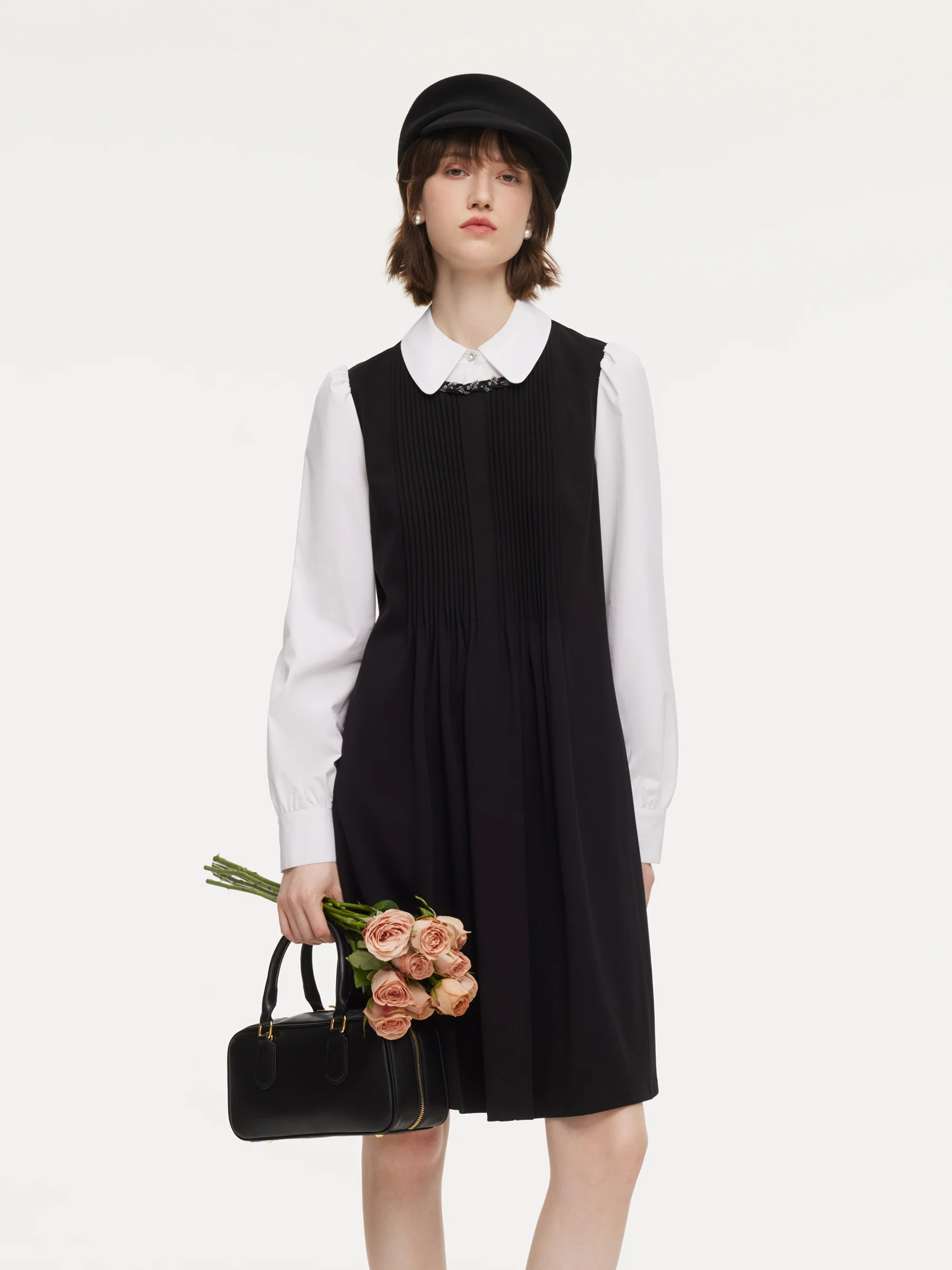 Patchwork Faux-Layered Women Midi Dress