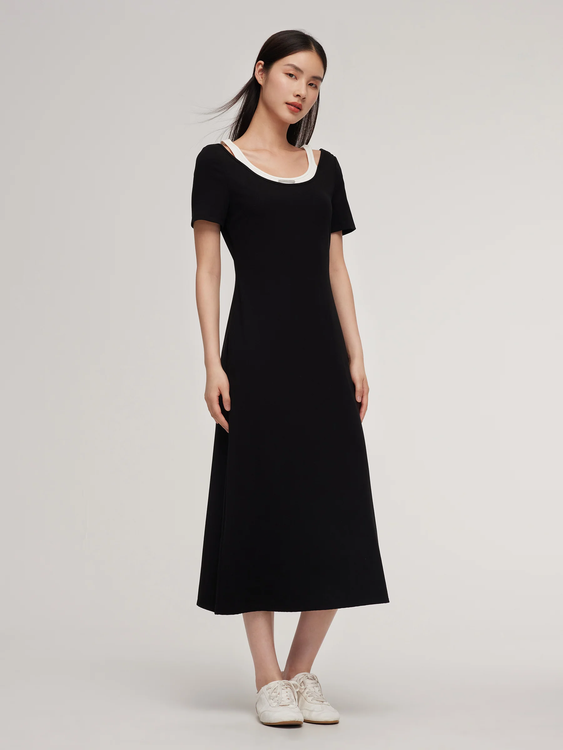 Faux Two-Piece Patchwork Slim Fit Women T-Shirt Maxi Dress - Image 2