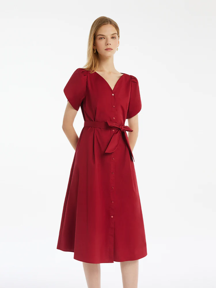Petal Sleeves Gathered Waist V-Neck Women Midi Dress With Belt - Image 10