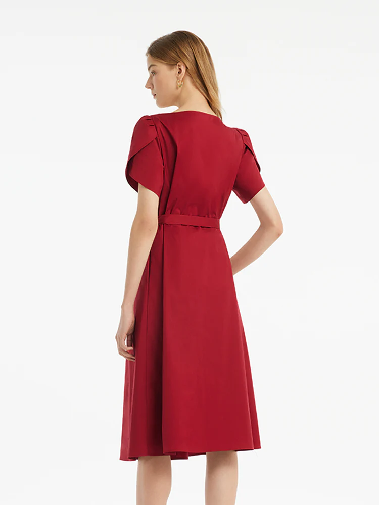 Petal Sleeves Gathered Waist V-Neck Women Midi Dress With Belt - Image 11