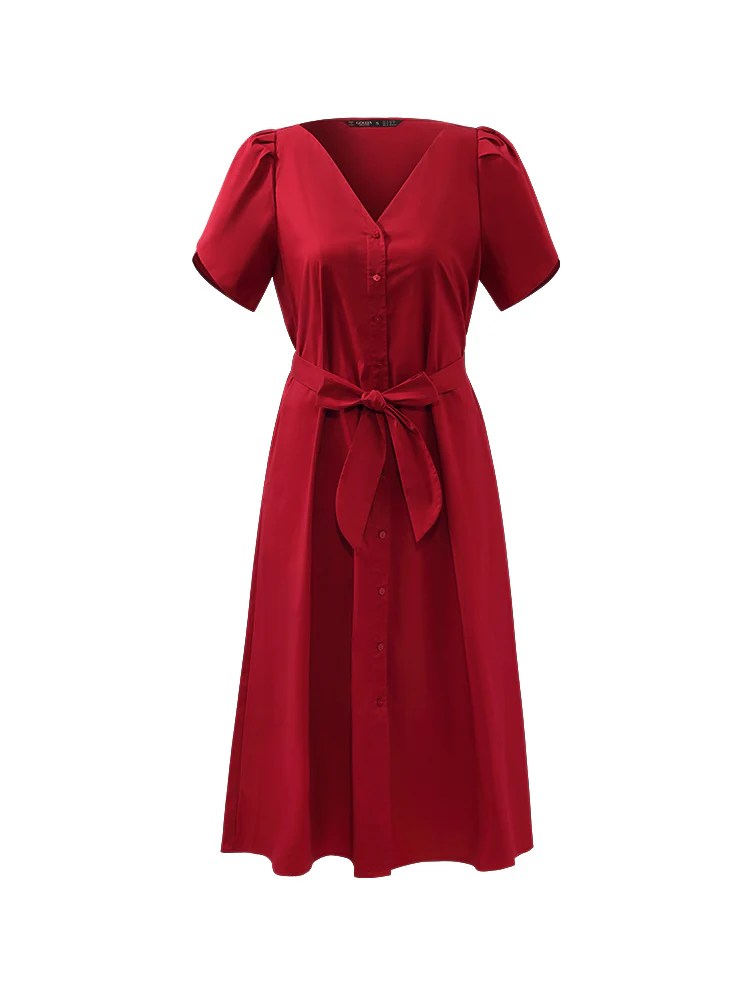 Petal Sleeves Gathered Waist V-Neck Women Midi Dress With Belt - Image 14