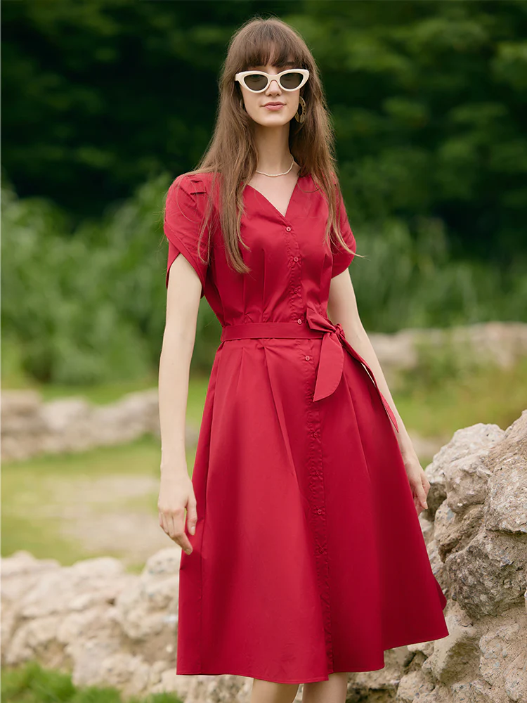 Petal Sleeves Gathered Waist V-Neck Women Midi Dress With Belt - Image 5