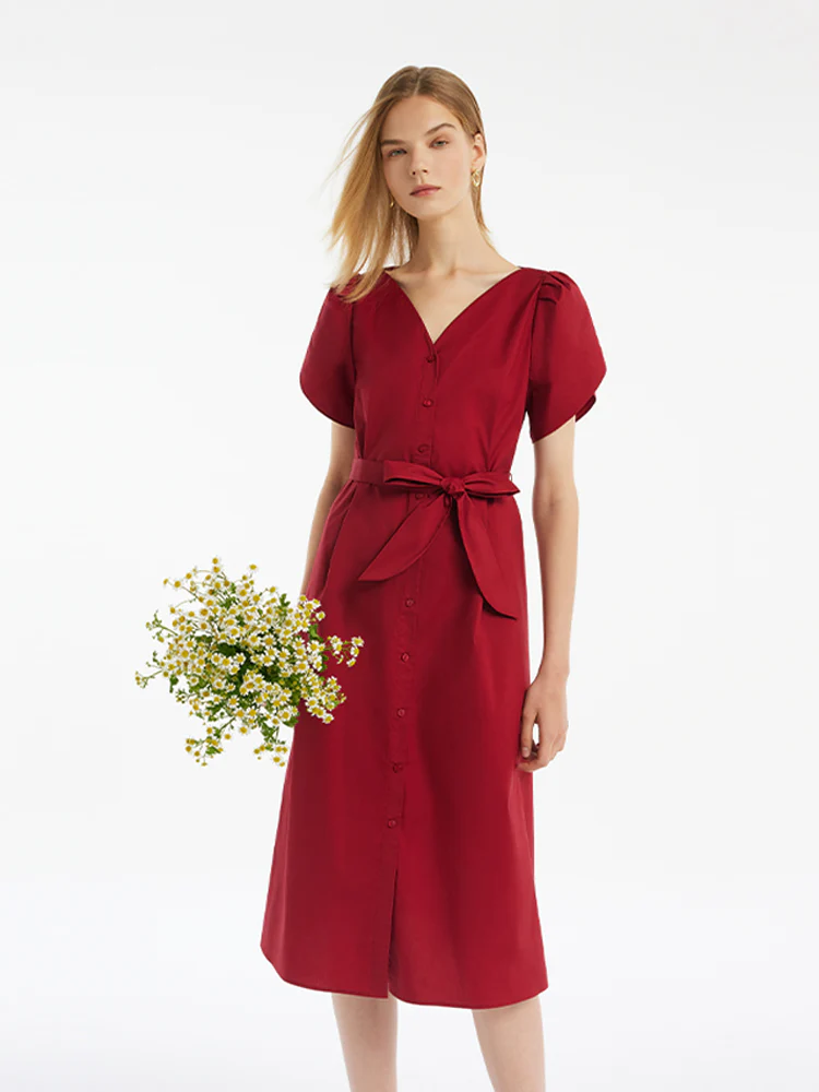 Petal Sleeves Gathered Waist V-Neck Women Midi Dress With Belt - Image 7