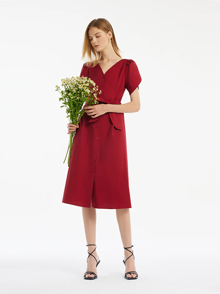 Petal Sleeves Gathered Waist V-Neck Women Midi Dress With Belt - Image 8