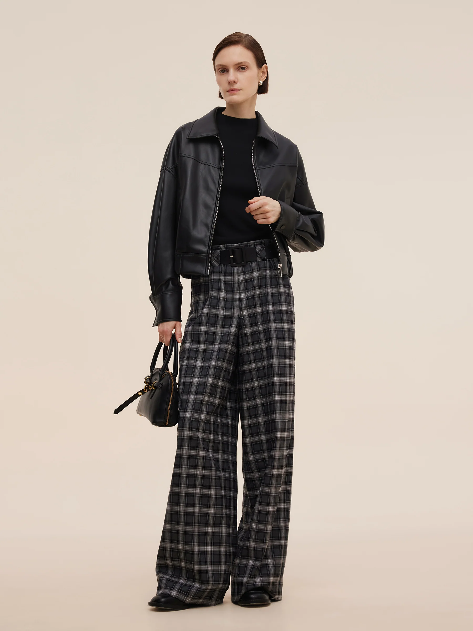 Plaid Loose Wide Leg Women Pants With Leather Belt - Image 3