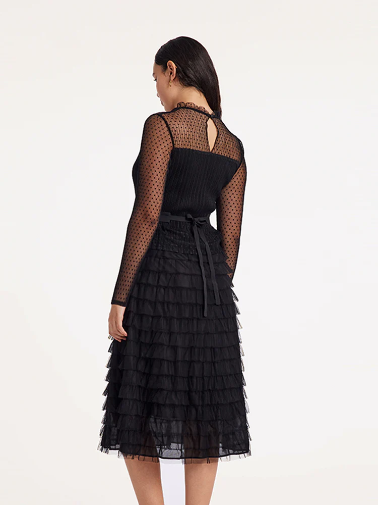 Pleated Tiered Sheer Sleeve Cake Midi Dress - Image 12
