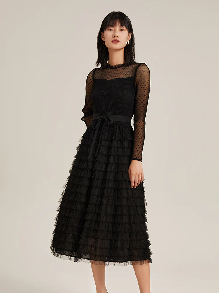 Pleated Tiered Sheer Sleeve Cake Midi Dress - Image 13