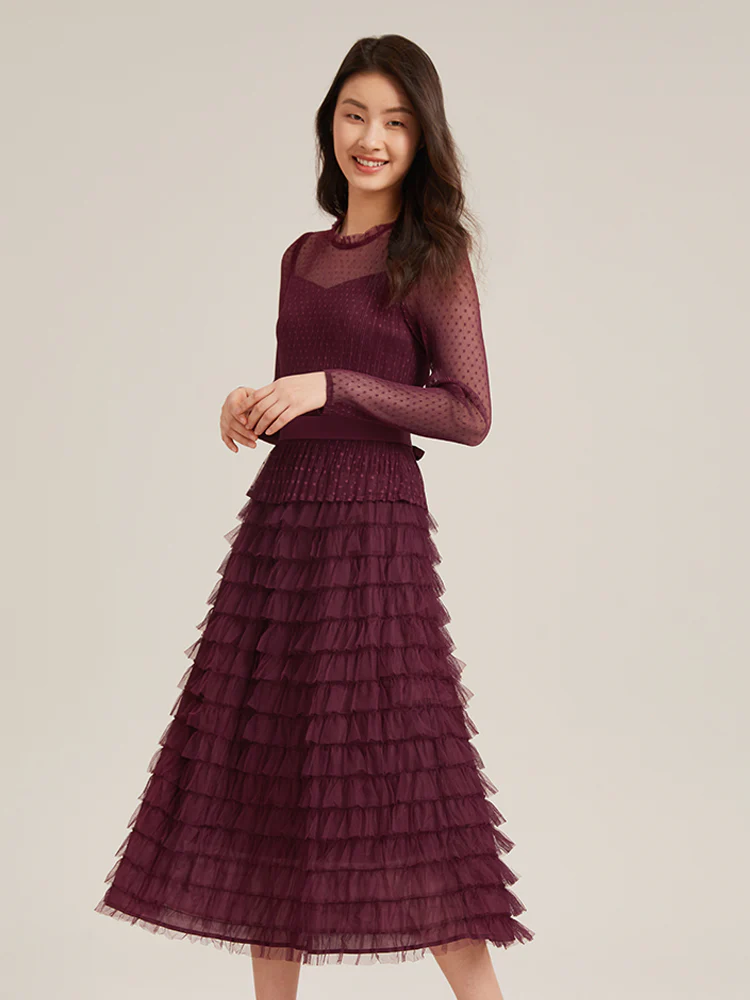 Pleated Tiered Sheer Sleeve Cake Midi Dress - Image 14