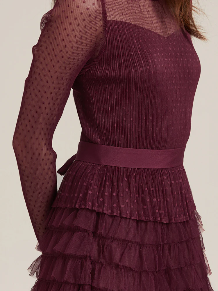 Pleated Tiered Sheer Sleeve Cake Midi Dress - Image 3