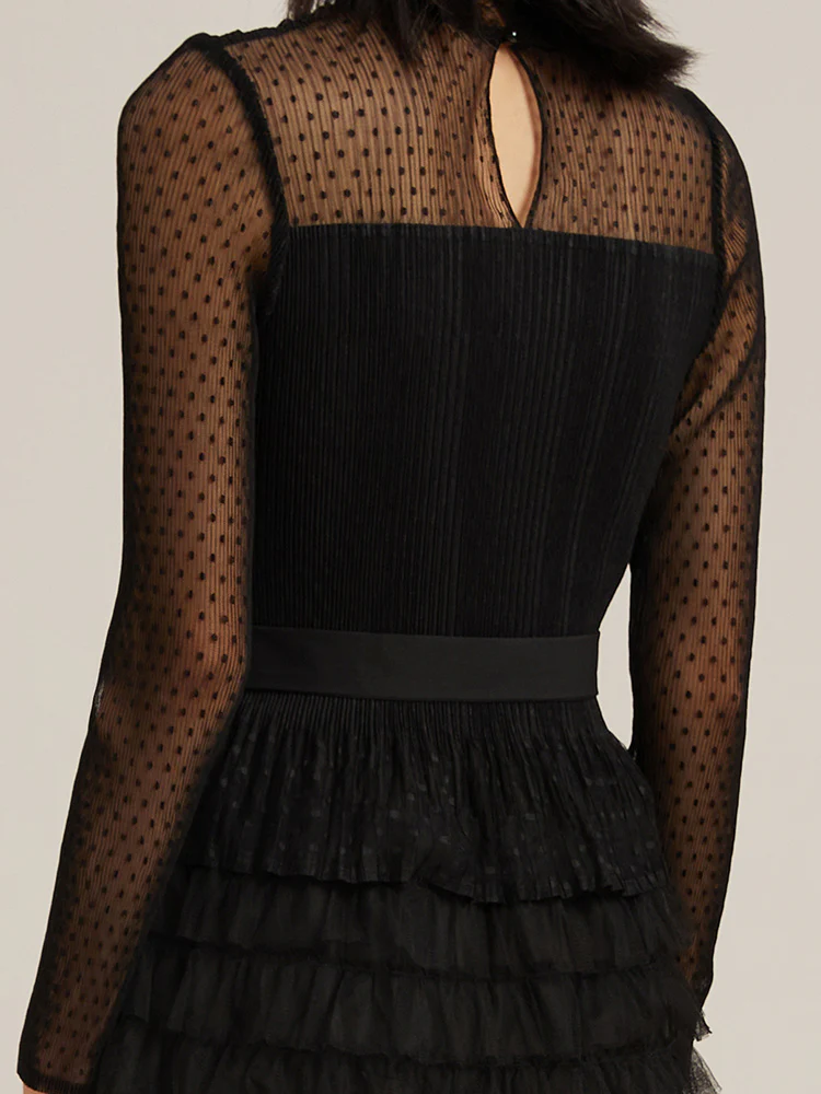 Pleated Tiered Sheer Sleeve Cake Midi Dress - Image 4
