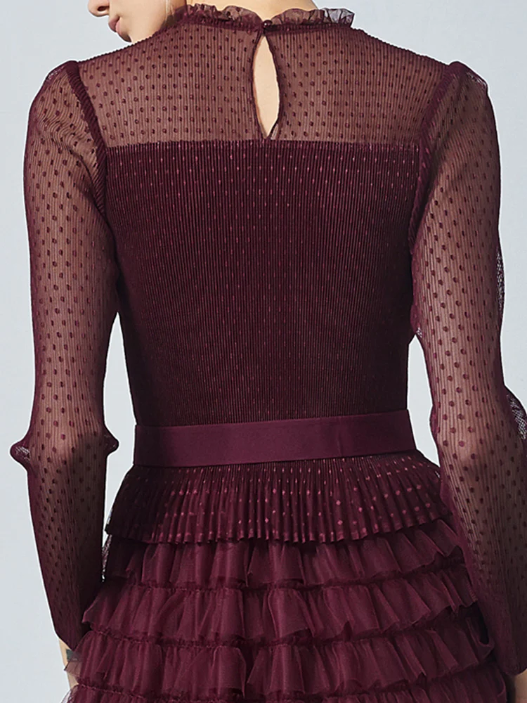 Pleated Tiered Sheer Sleeve Cake Midi Dress - Image 6