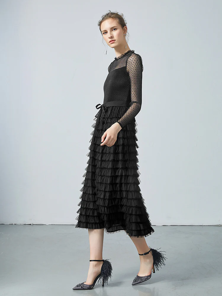 Pleated Tiered Sheer Sleeve Cake Midi Dress - Image 7