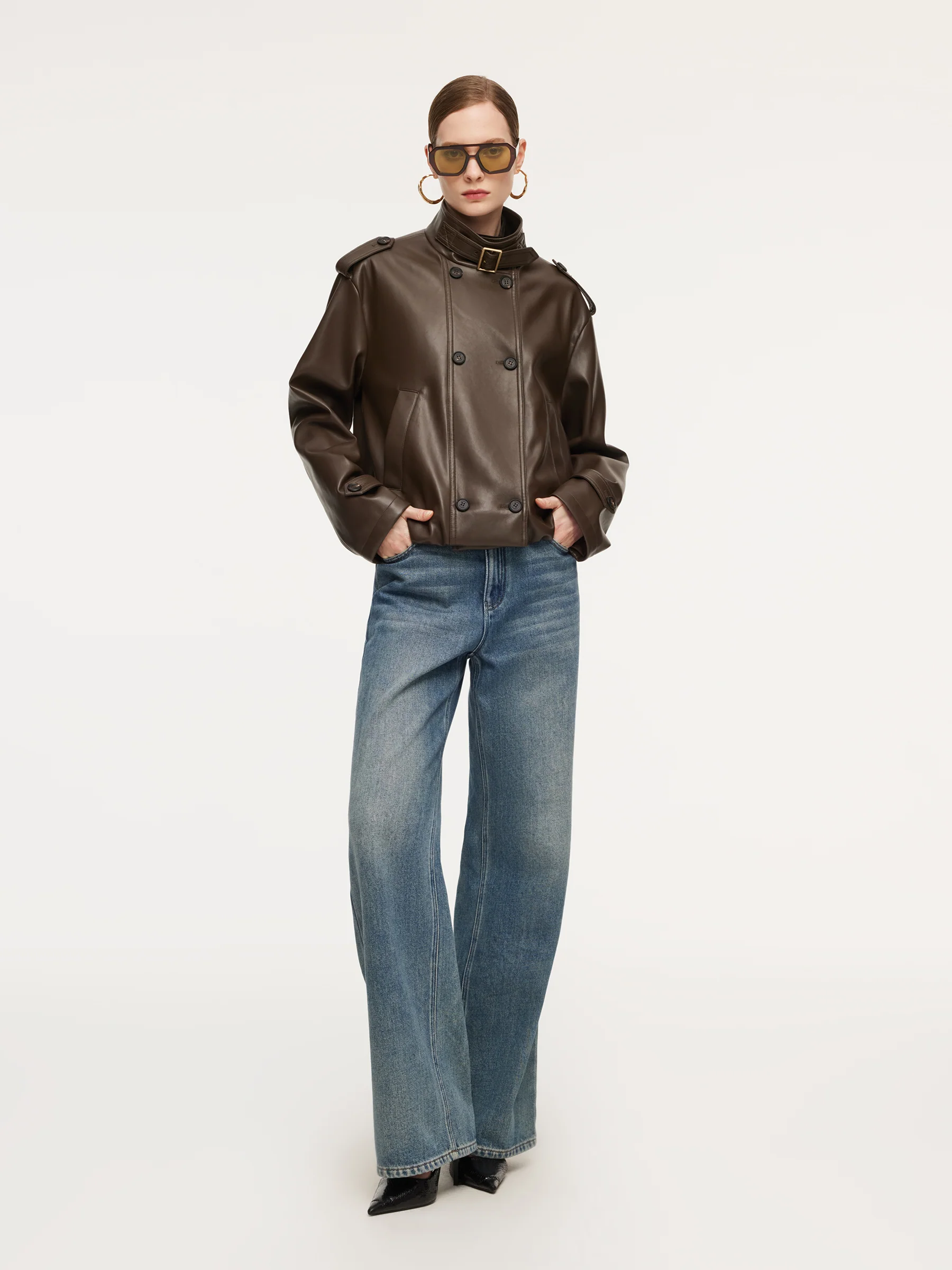 PU Leather Double-Breasted Women Trench Jacket - Image 2
