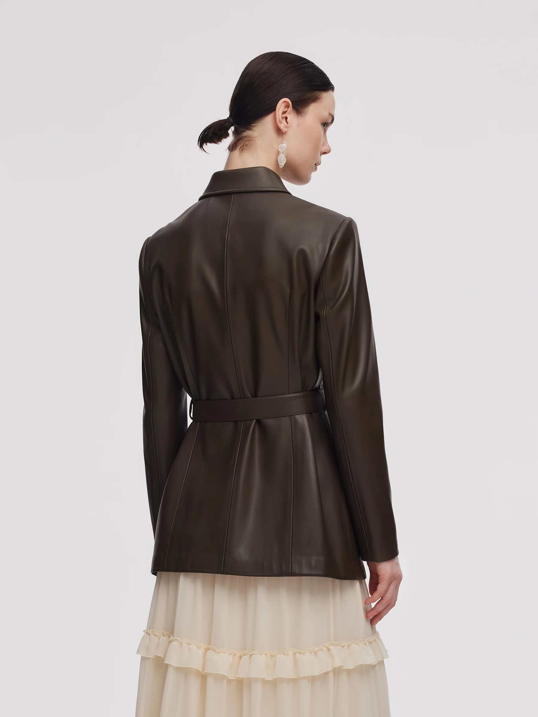PU Leather Women Self-Tie Belt Jacket - Image 3