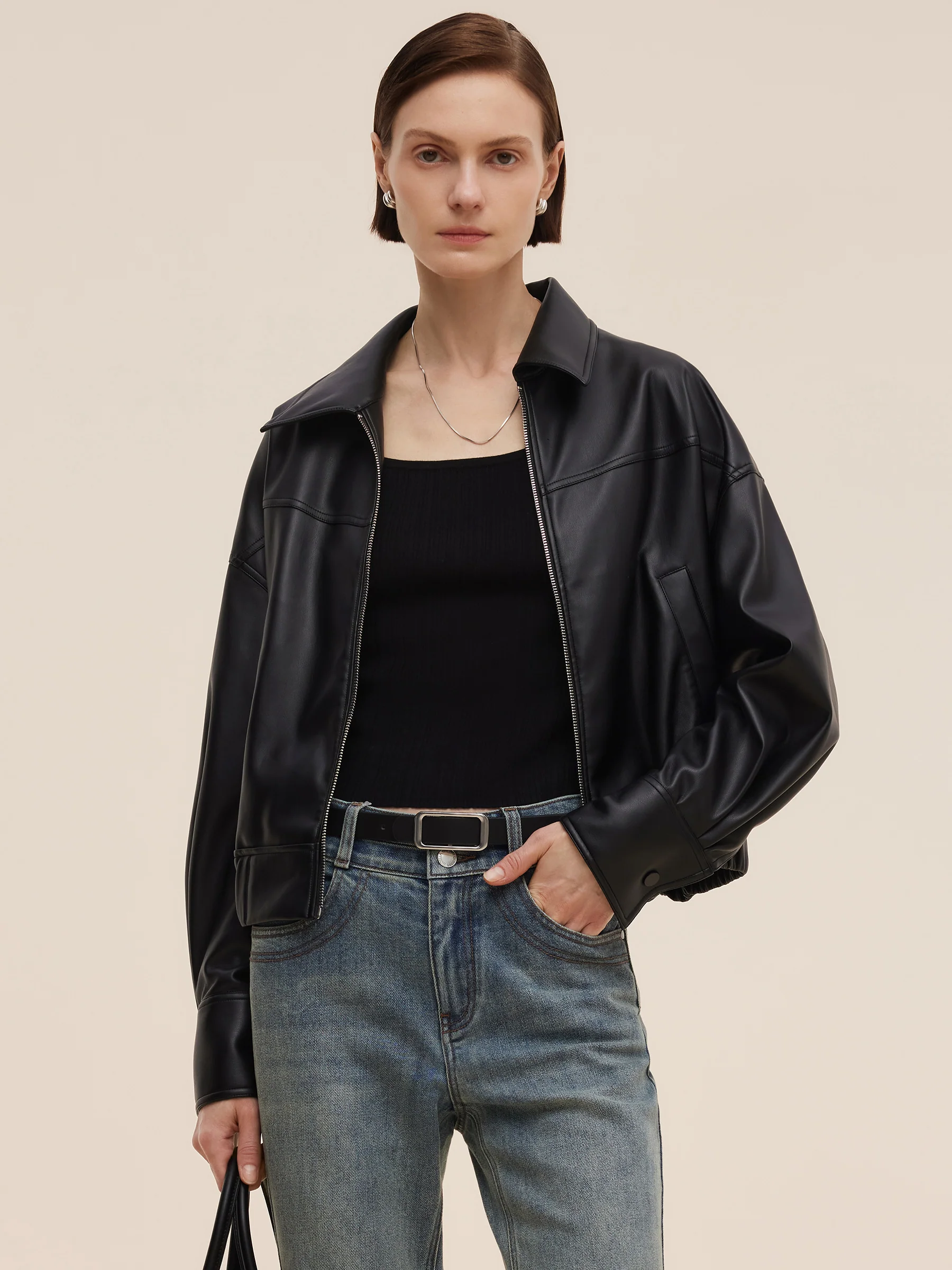 PU Leather Zip-Up Women Jacket