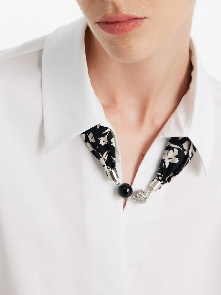 Puff Sleeves V-Neck Women Shirt With Silk Scarf - Image 13