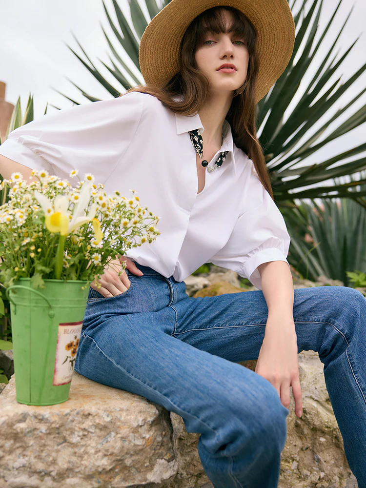 Puff Sleeves V-Neck Women Shirt With Silk Scarf - Image 6