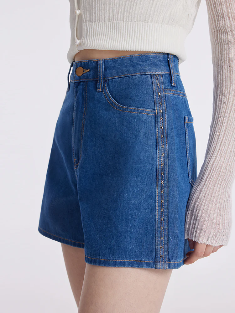 Rhinestone Denim A-Line Women Shorts - Image 4