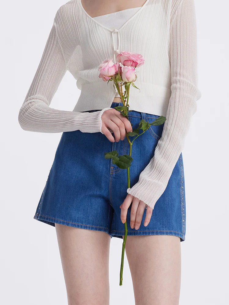 Rhinestone Denim A-Line Women Shorts - Image 5