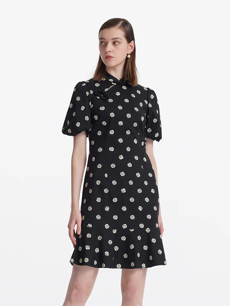 Rose Print Puff Sleeves Women Qipao Mini Dress - Image 2