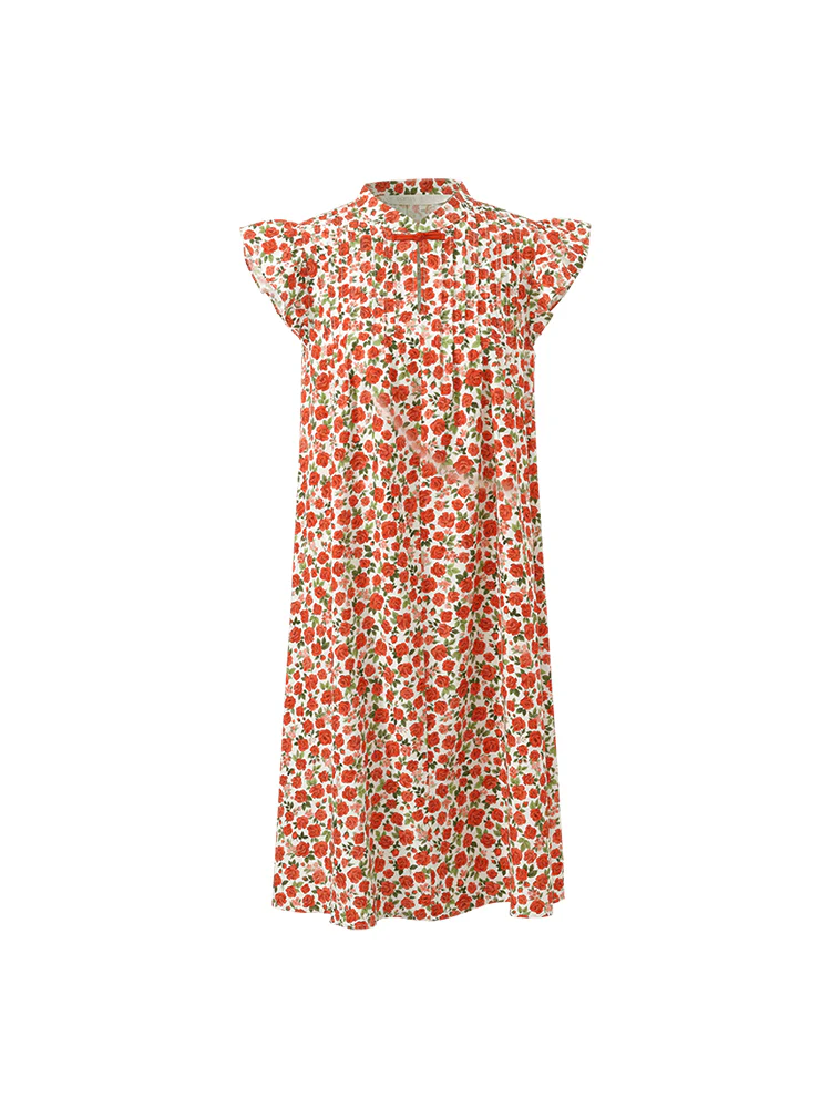 Rose Print Ruffle Sleeves Mandarin Collared Women Mini Dress - Image 7