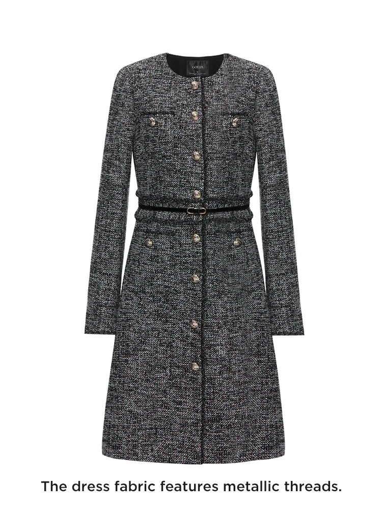 Round Neck Tweed Dress With Belt - Image 3