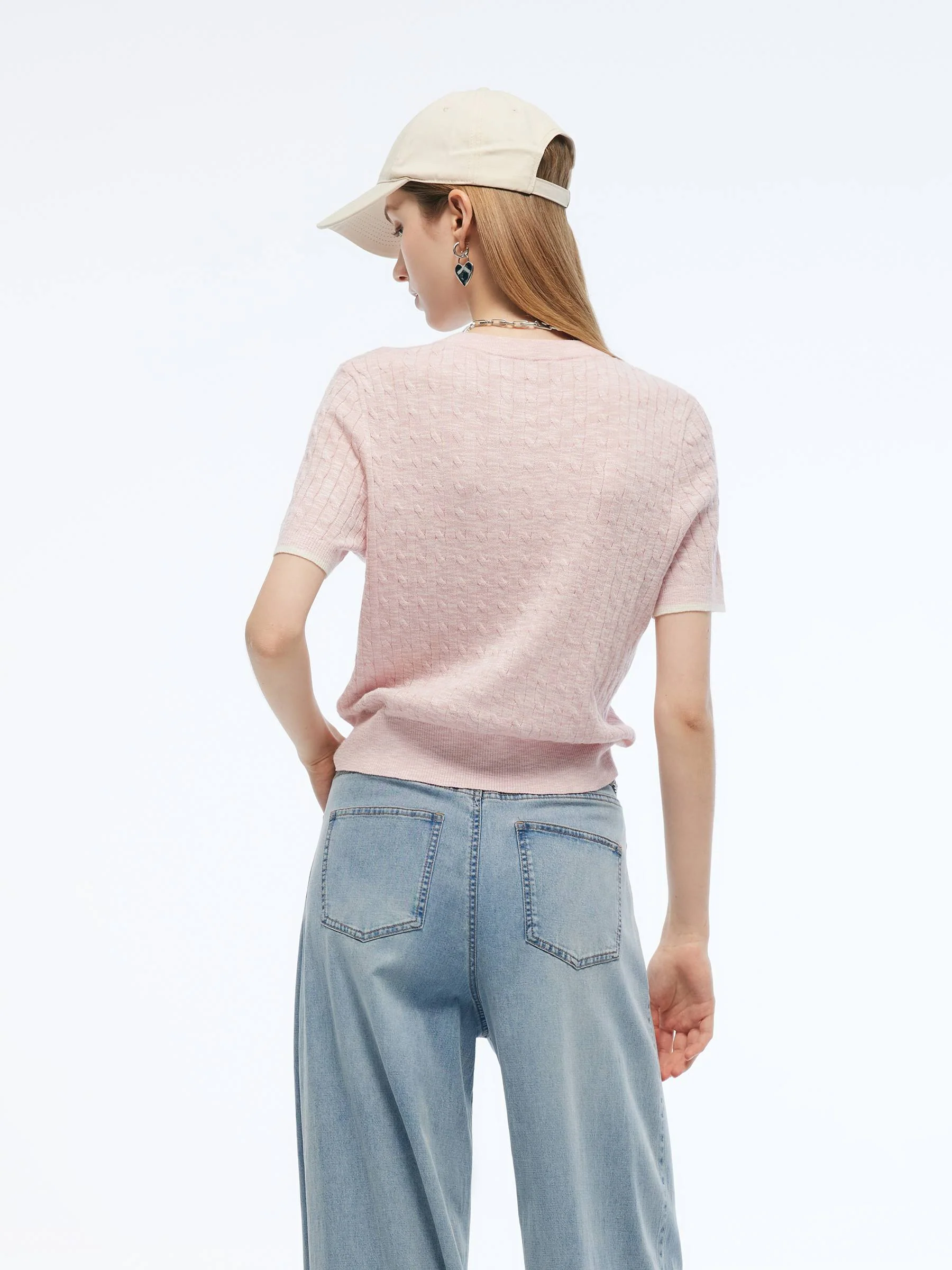 Round Neck Women Cable Knit T-Shirt - Image 4