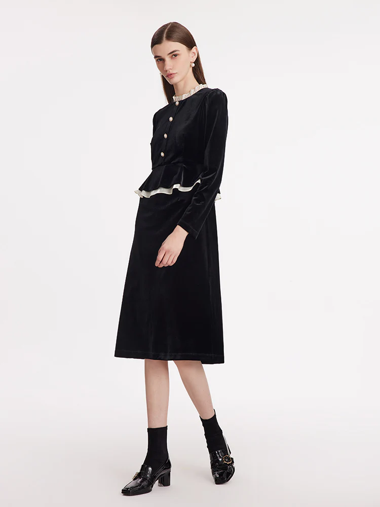 Ruffle Collar Velvet Women Midi Dress - Image 2