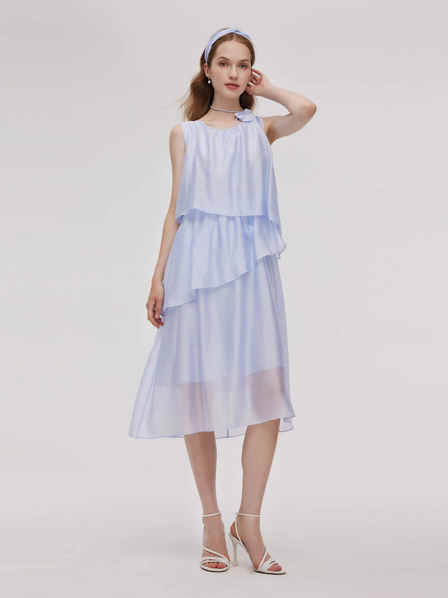 Ruffle Women Tiered Vest Midi Dress With Hairband And Bowknot Choker