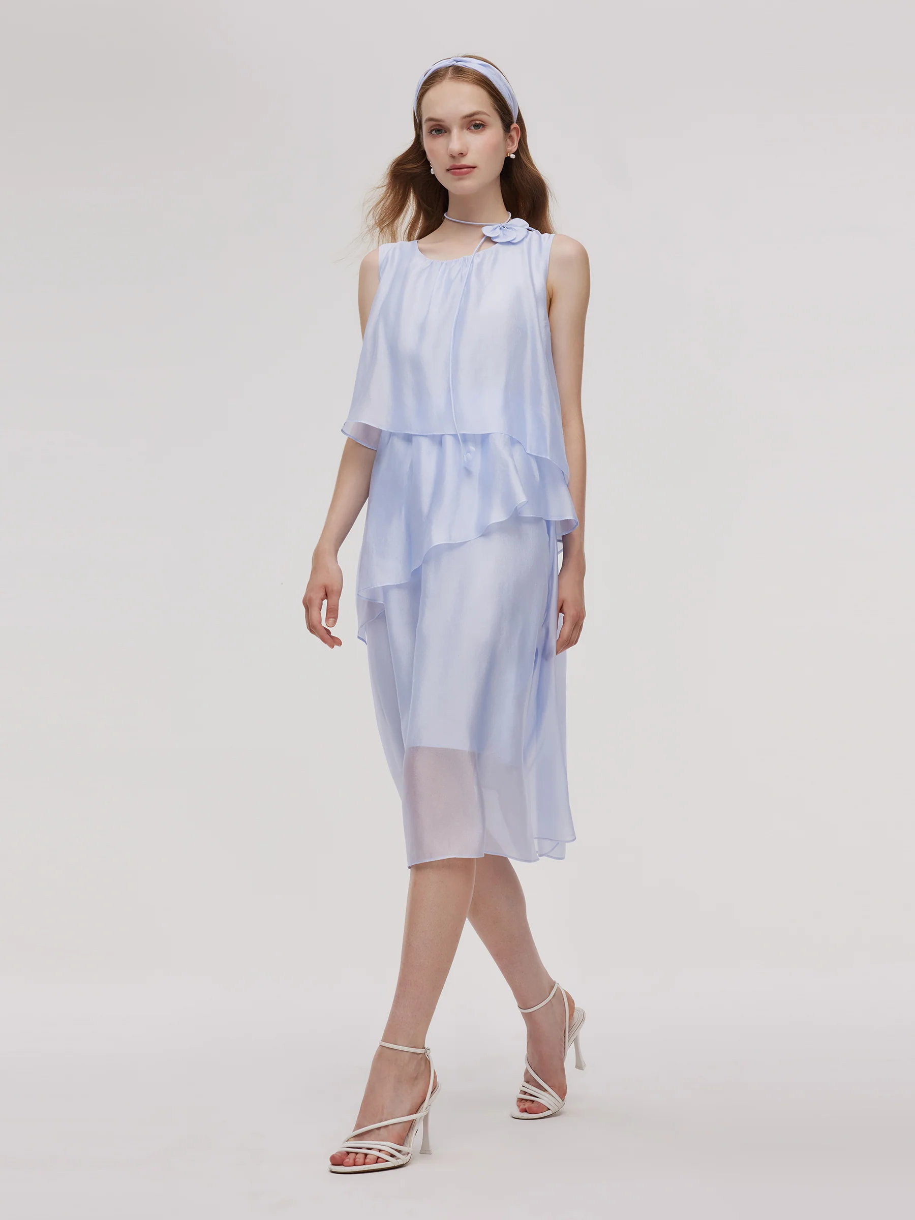Ruffle Women Tiered Vest Midi Dress With Hairband And Bowknot Choker - Image 15