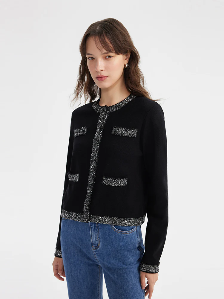 Sequins Trim Women Knitted Cardigan - Image 4