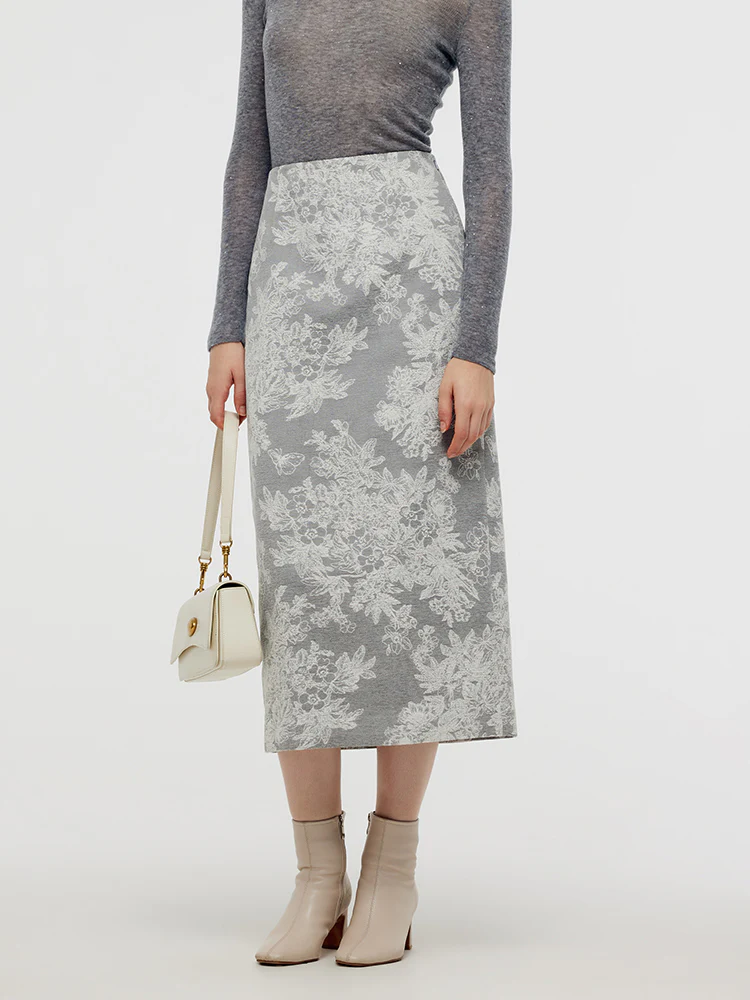 Silver Floral Jacquard Women Column Midi Skirt - Image 4