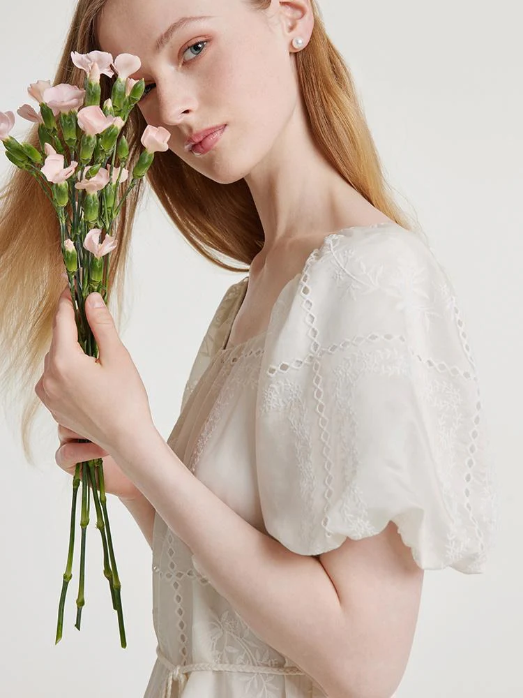 Square Neck Embroidered Midi Dress With Belt - Image 6