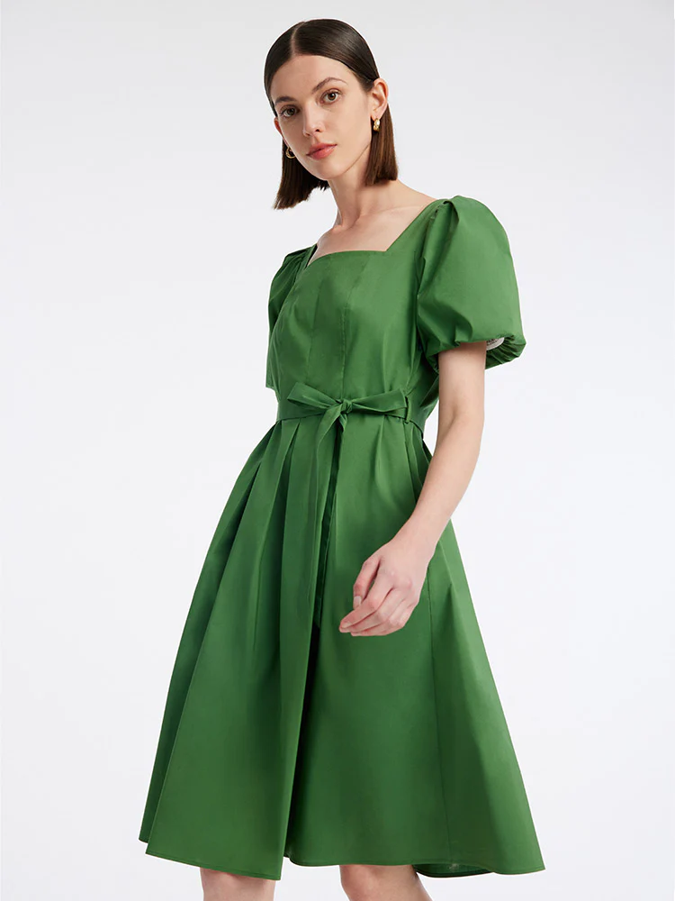 Green Square Neck Puff Sleeve A-Line Mini Dress - Image 4