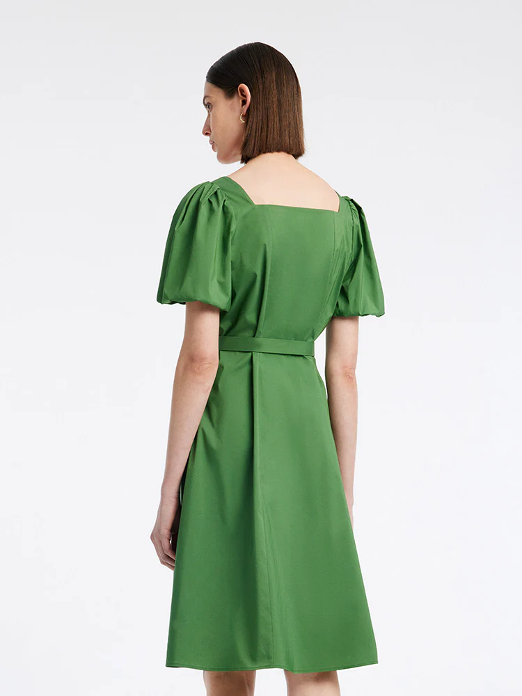Green Square Neck Puff Sleeve A-Line Mini Dress - Image 5