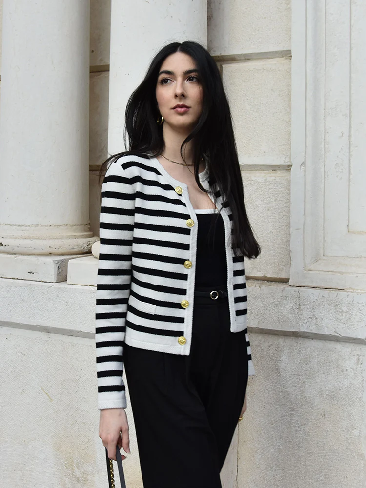 Button Up Woolen Striped Lady Cardigan - Image 19