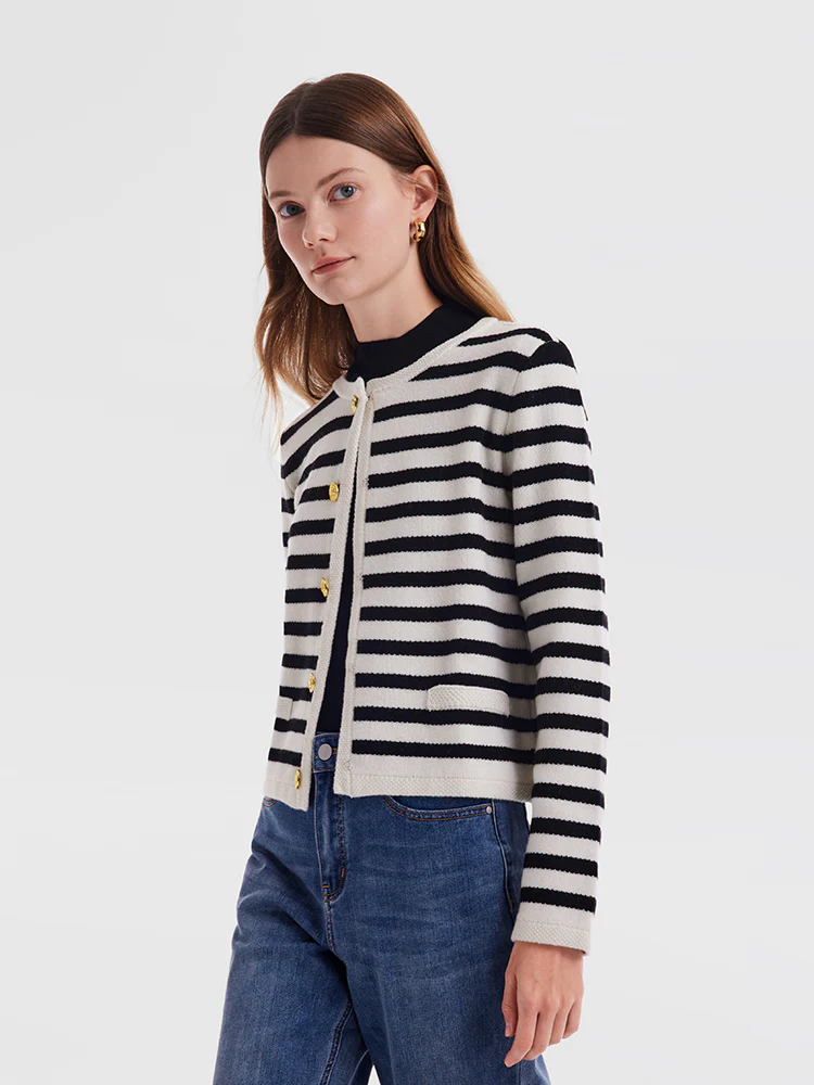 Button Up Woolen Striped Lady Cardigan - Image 8