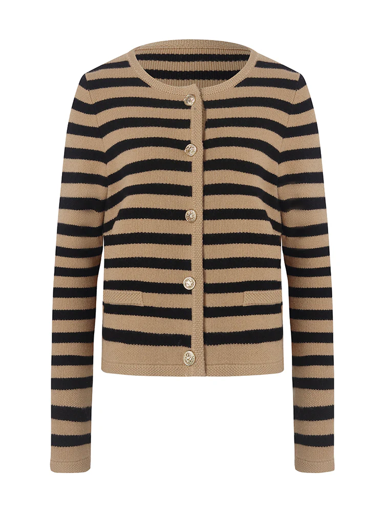 Button Up Woolen Striped Lady Cardigan - Image 9