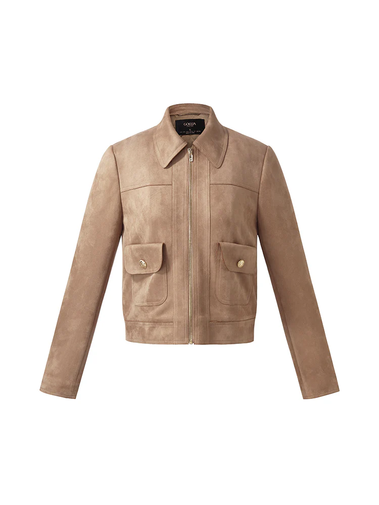 Faux Suede Zip-Up Women Lined Crop Jacket - Image 7