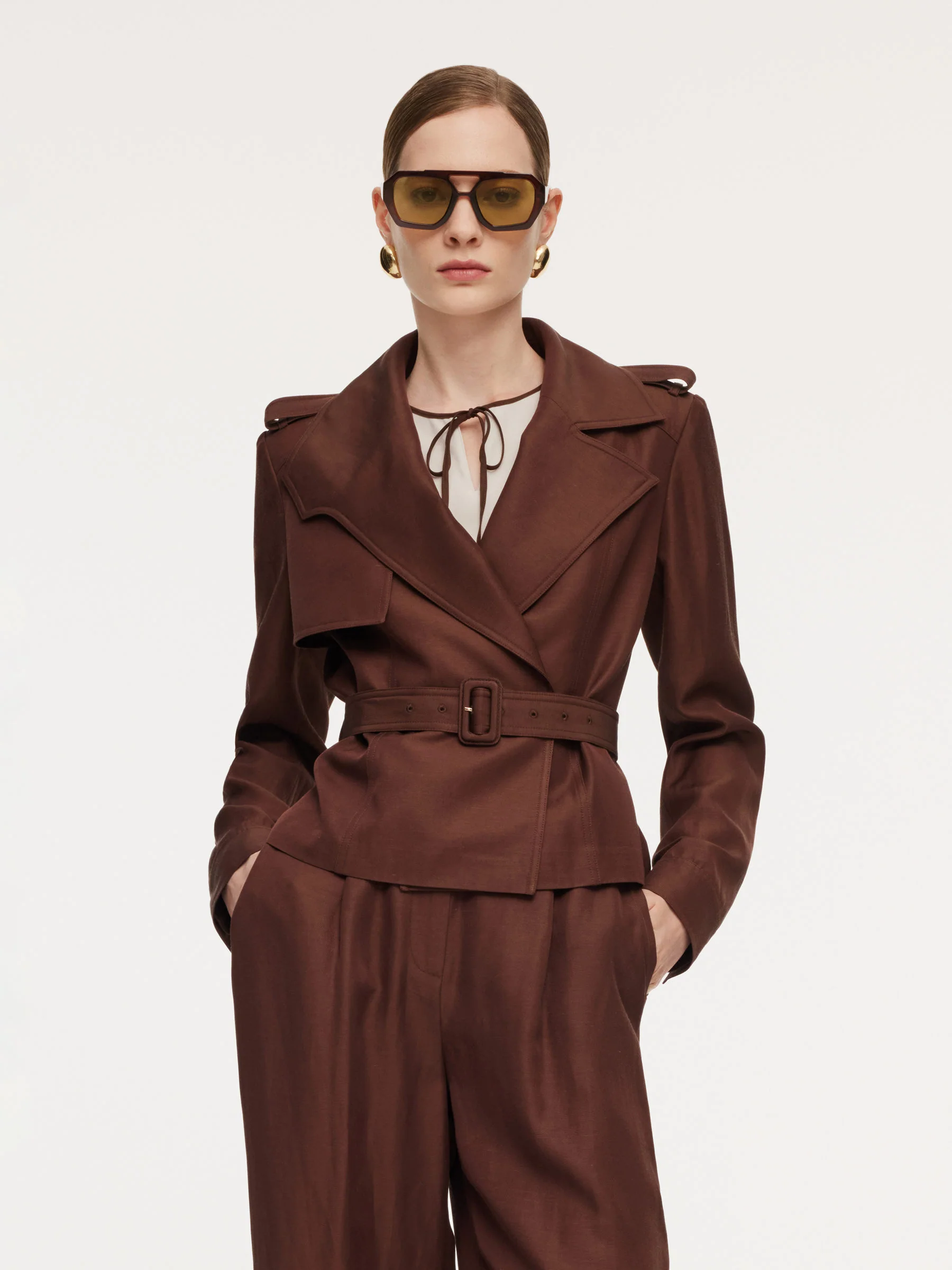 Tencel Acetate Linen Blend Women Trench Jacket With Belt - Image 5