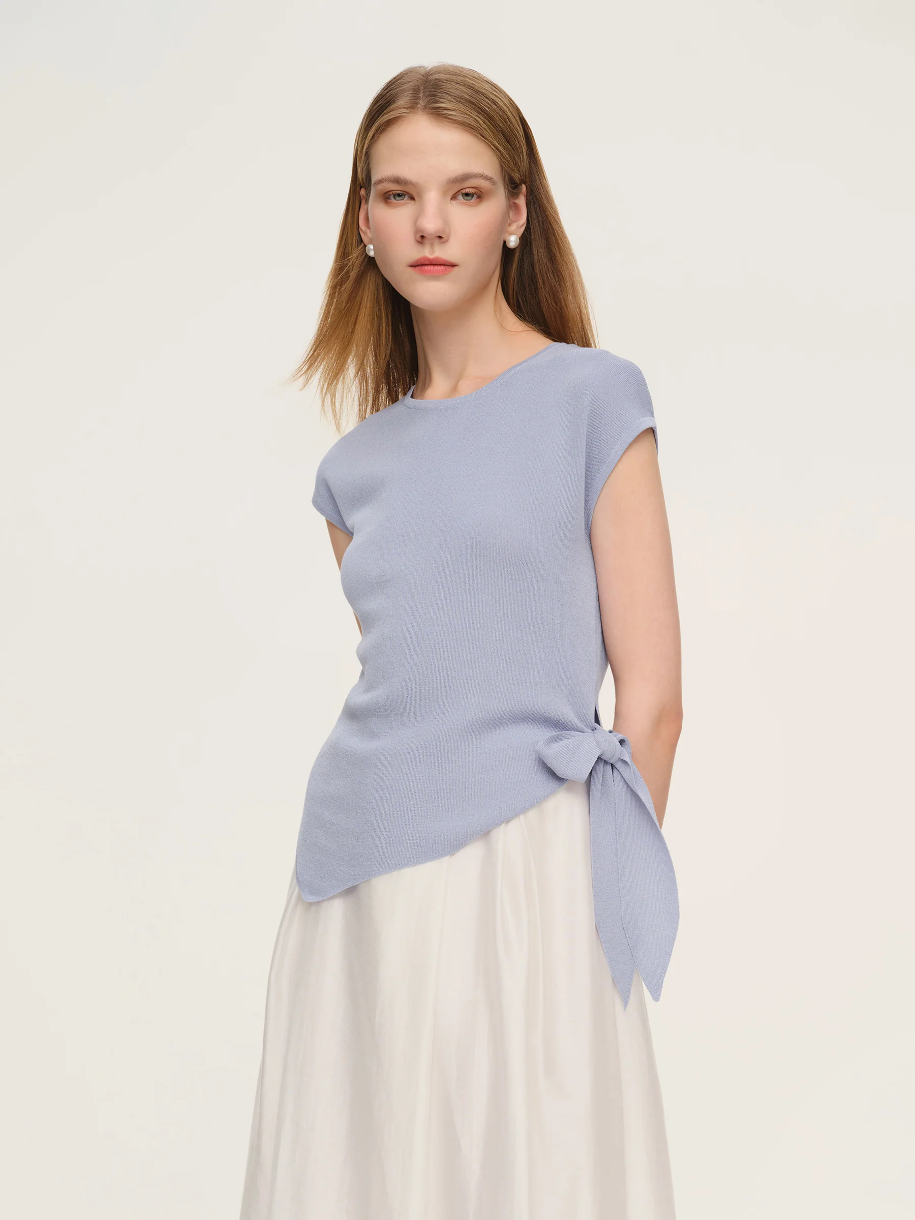 Tencel Blend Asymmetrical Hem Women Knit Top With Ribbon - Image 15