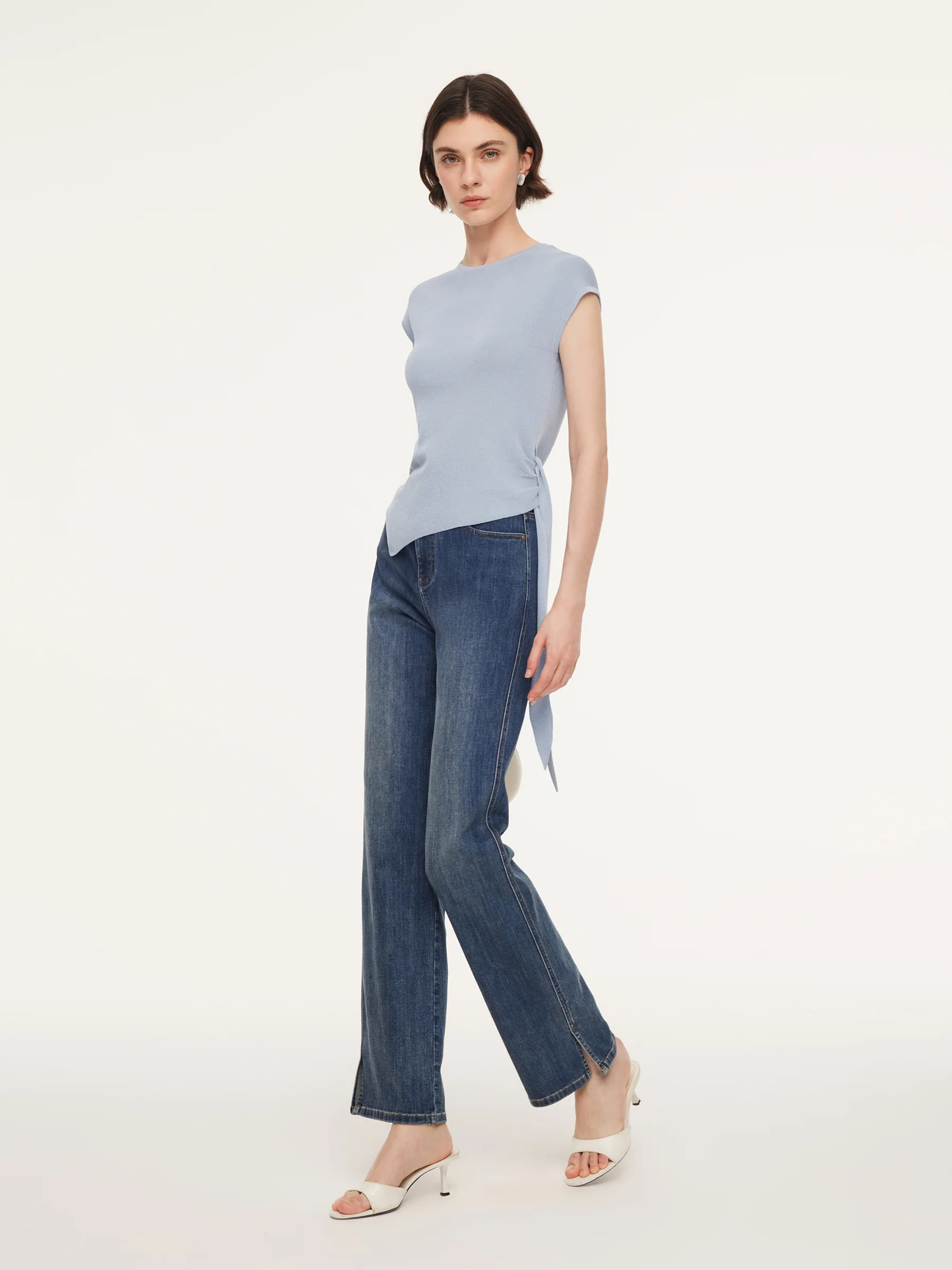 Tencel Blend Asymmetrical Hem Women Knit Top With Ribbon - Image 7