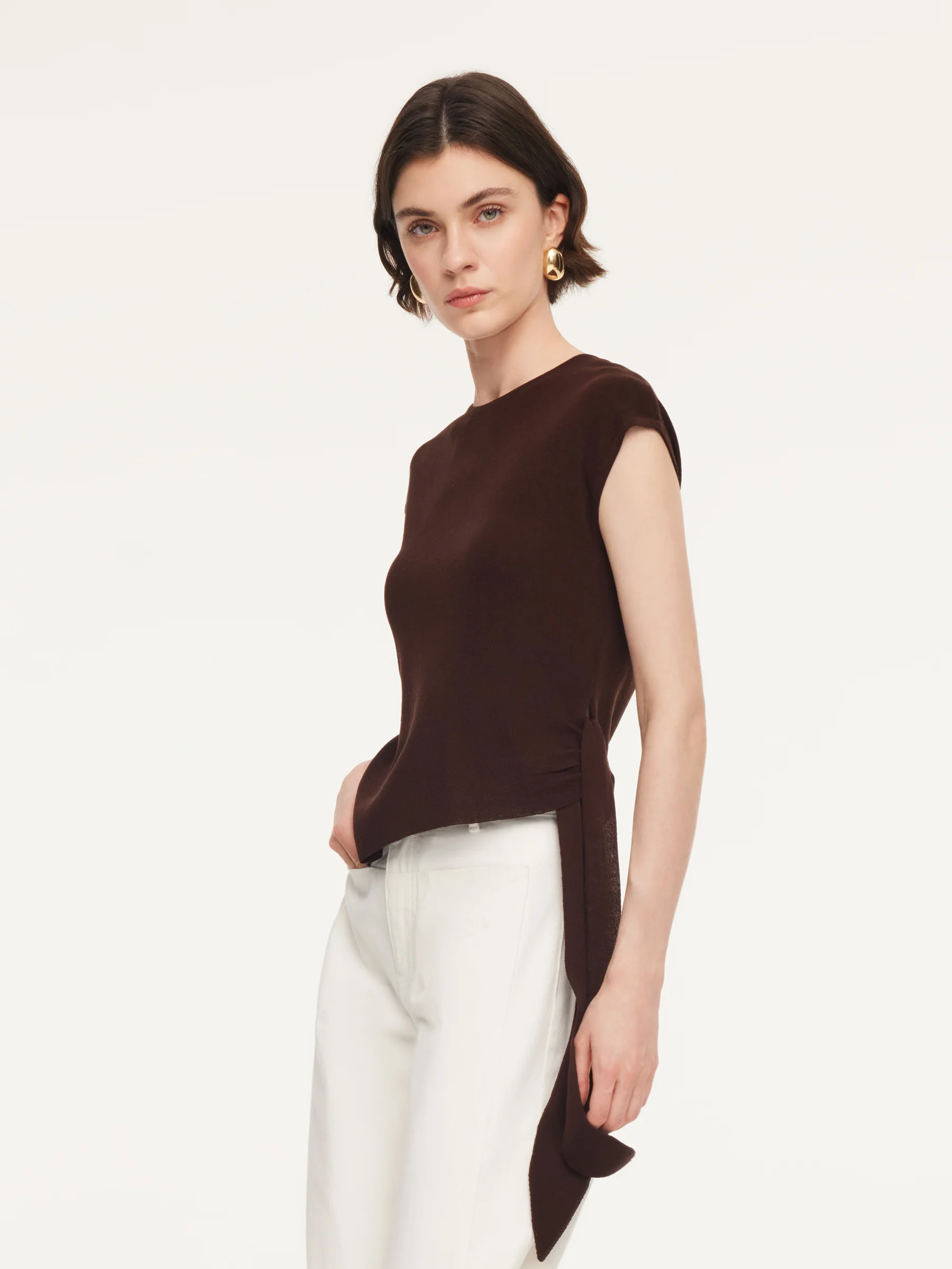 Tencel Blend Asymmetrical Hem Women Knit Top With Ribbon - Image 8
